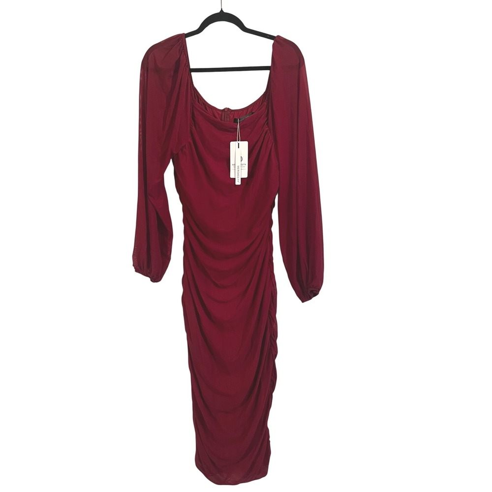 NWT MEROKEETY Burgundy Ruched Mesh Square Neck Long Sleeve Midi‎ Dress XXL